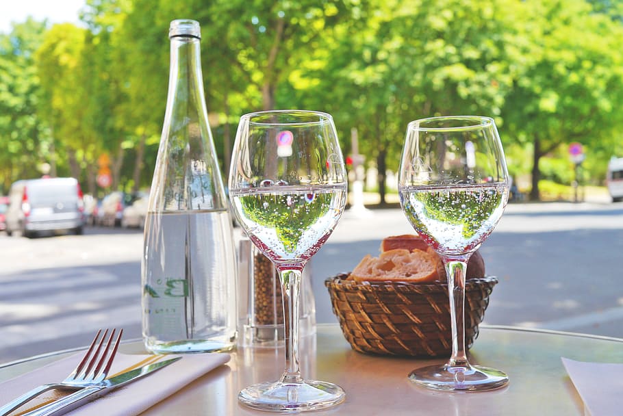 two, clear, wine glasses, restaurant, street cafe, bread, mineral water, covered, eat, gastronomy