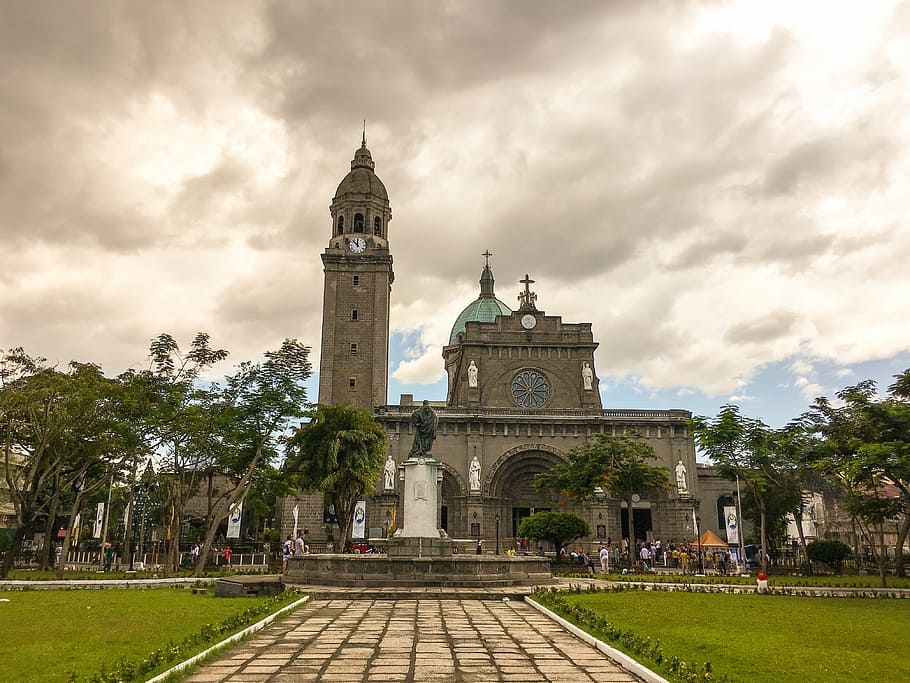 ancient, cathedral, surrounding, trees, republic of the philippines, manila, church, architecture, famous Place, tower