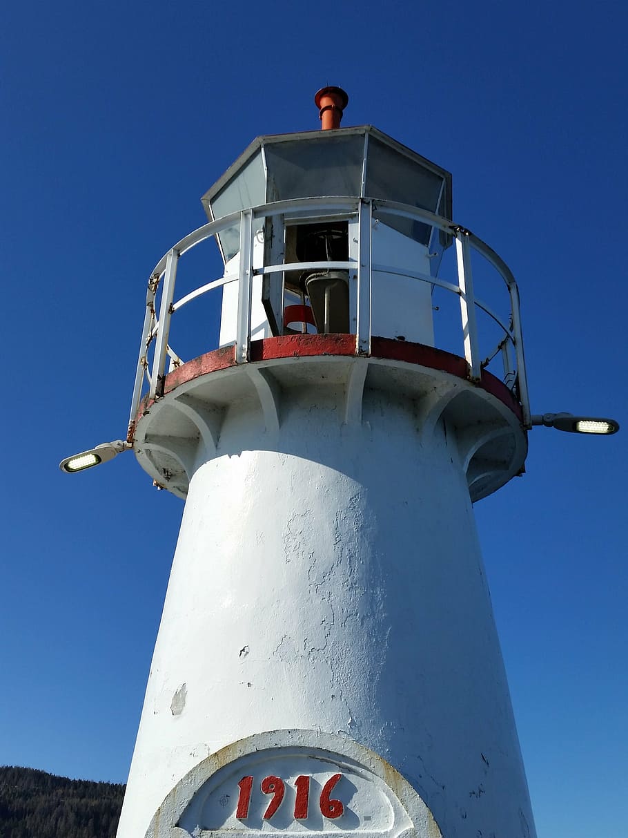 lighthouse, sea, blue sky, norway, trondheim, 1916, blue, low angle view, security, clear sky