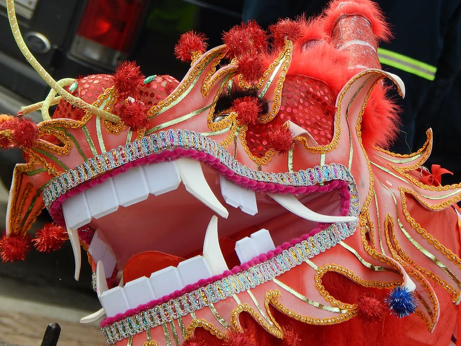 decoración del dragón chino, año nuevo chino, festival, tradicional, rojo, dragón, invierno, símbolo, festivo, celebración