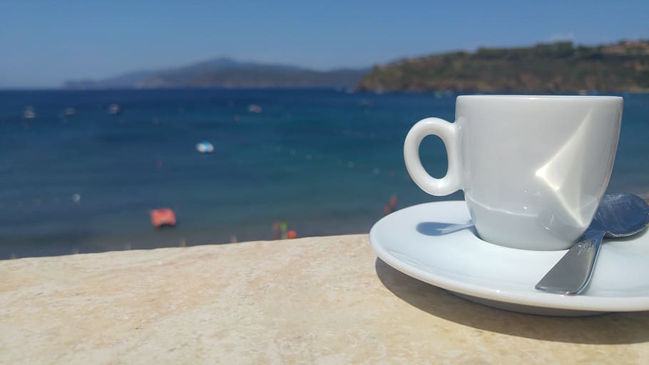 white, ceramic, teacup, saucer, spoon, summer, coffee, beach, sea, italy