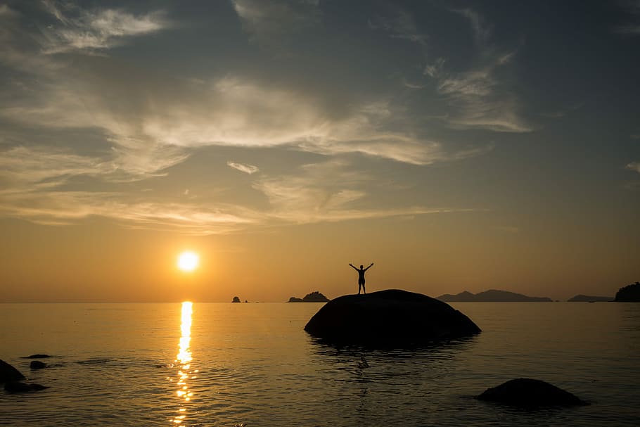 silhouette, man, standing, stone, body, water, sunset, waters, success, stones