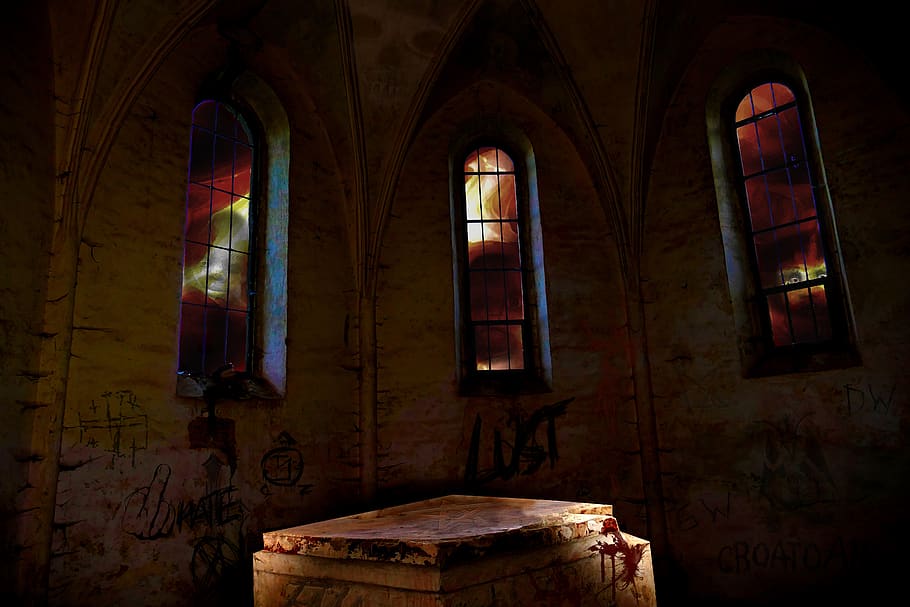 chapel, church, image editing, ruin, pentacle, mysticism, occultism, architecture, indoors, arch