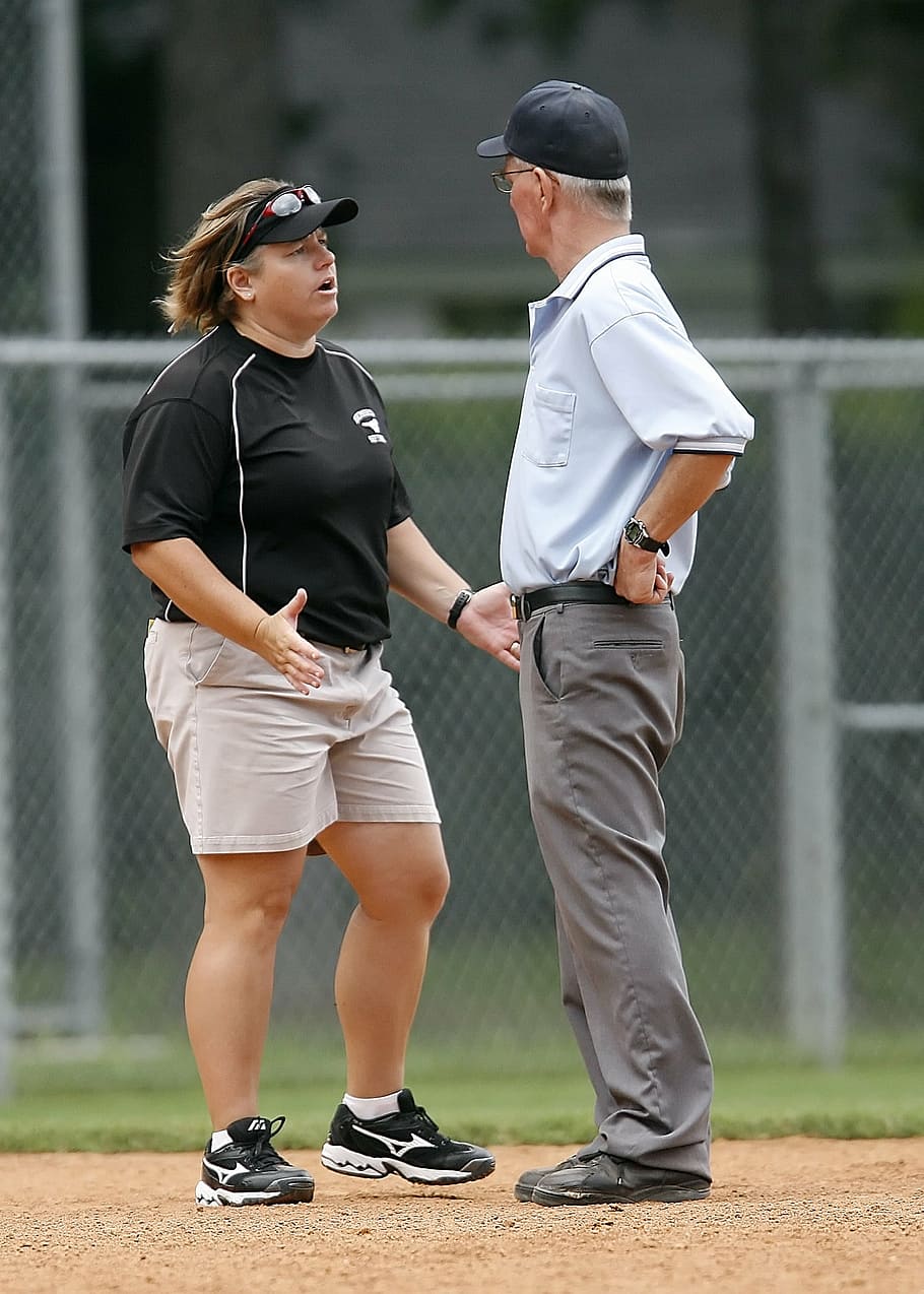softball, coach, umpire, sports, game, play, competition, discussion, confrontation, dispute