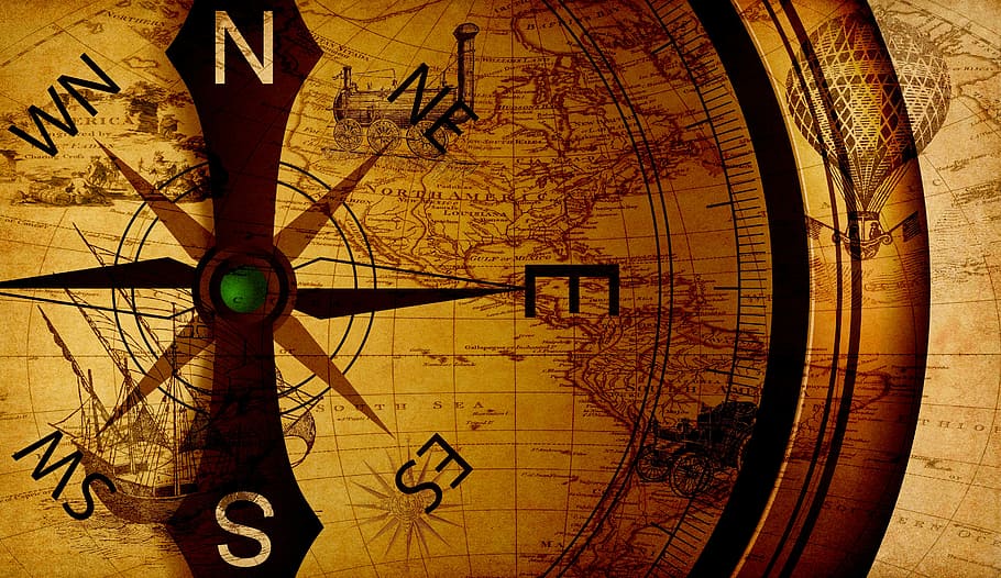 compass illustration, map, compass, discovery, orientation, direction, old, america, ship, train