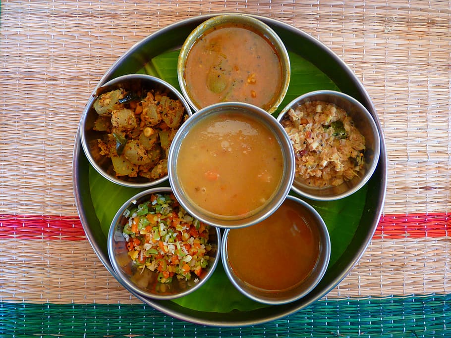 three brown sauces, thali, indian cuisine, eat, meal, tasty, food, soup, vegetable, cultures