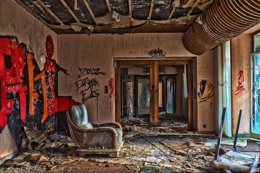 destroyed, living, room photo, lost places, home, architecture, room, within, building, past