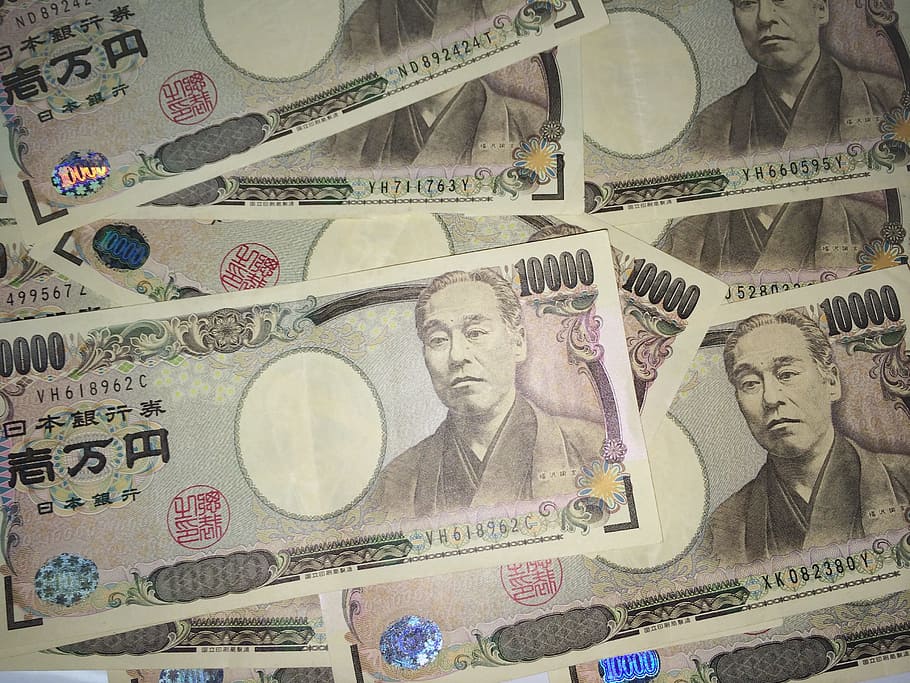 Notas de 1000 yuan chinês, dinheiro, riqueza, ienes japoneses, ienes, papel-moeda, moeda, finanças, planos de fundo, ninguém