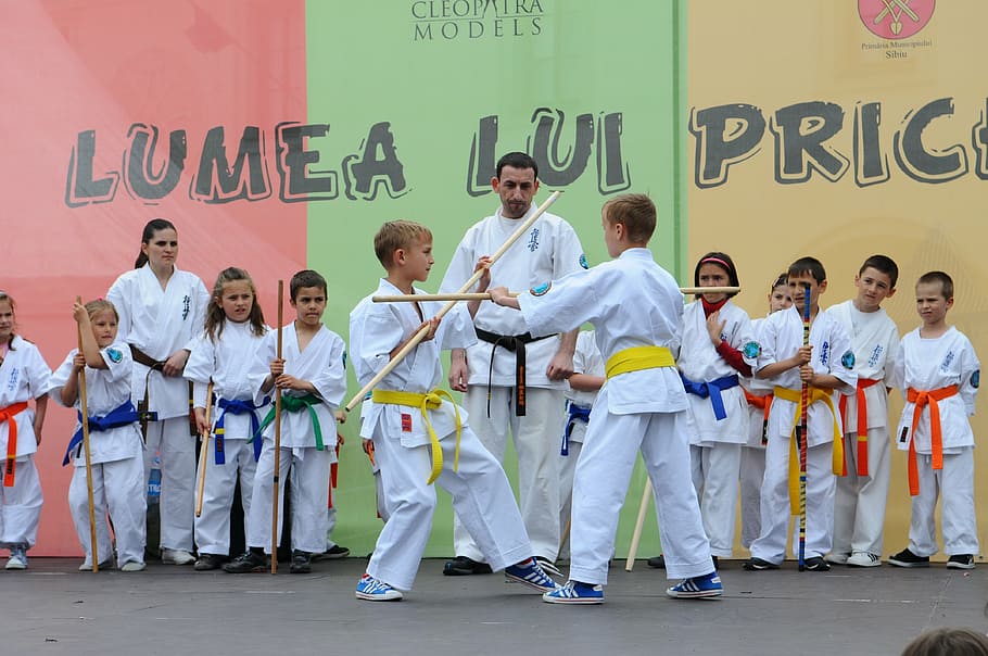 niños, tenencia, marrón, madera, palos, karate, artes marciales, etapa, lucha, ejercicio