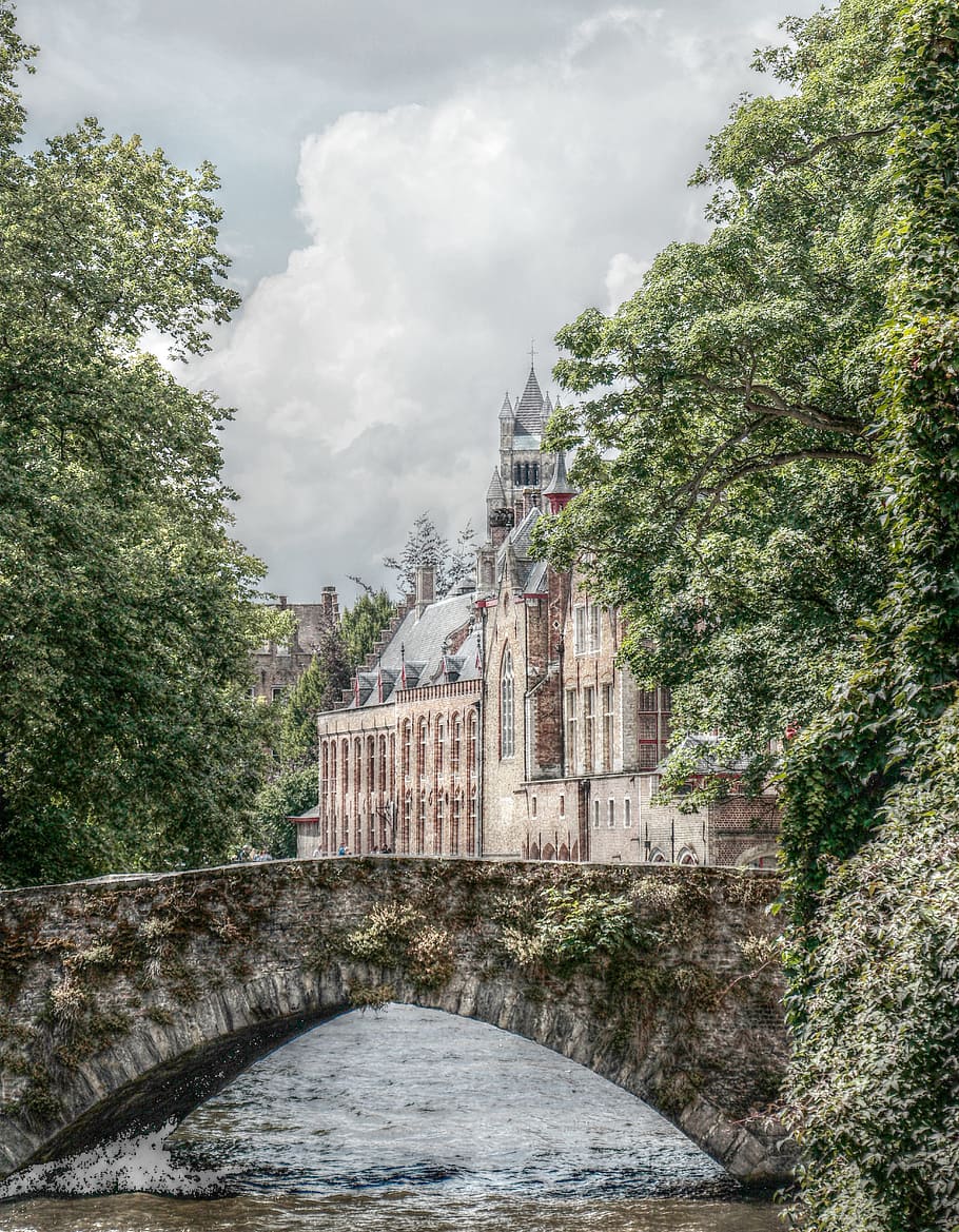 temple, surrounded, trees, daytime, bruges, canal, romantic, historically, channel, places of interest