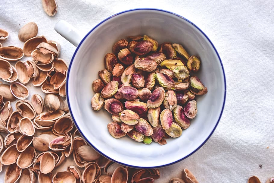 brown, seeds, white, bowl, closeup, photography, Pistachio, Kitchen, Food, pistachios