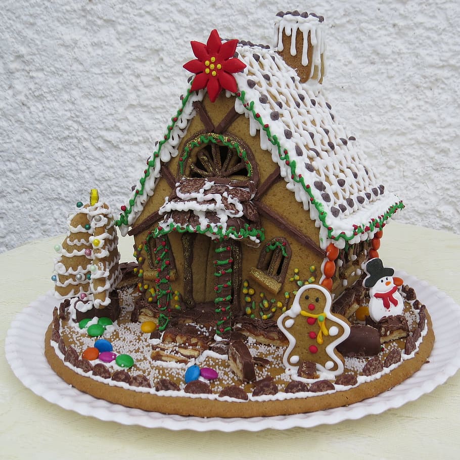 brown, white, christmas house cake, gingerbread house, christmas pastries, christmas, gingerbread, decoration, parties, candy