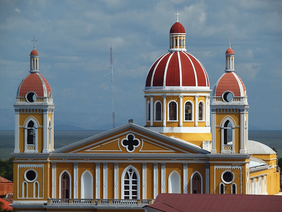 黄色, 白, コンクリート, 建物, ニカラグア, 大聖堂, グラナダ, 中央アメリカ, ドーム, 宗教