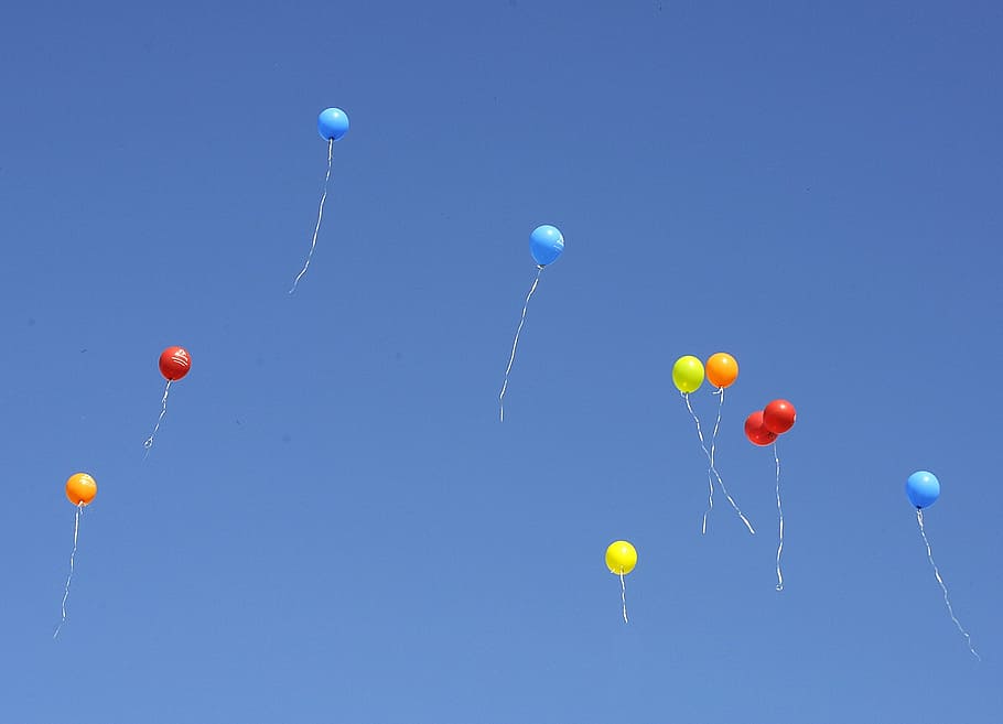foto, volando, globos, cielo, colores, azul, diversión, verano, globo, globo de helio