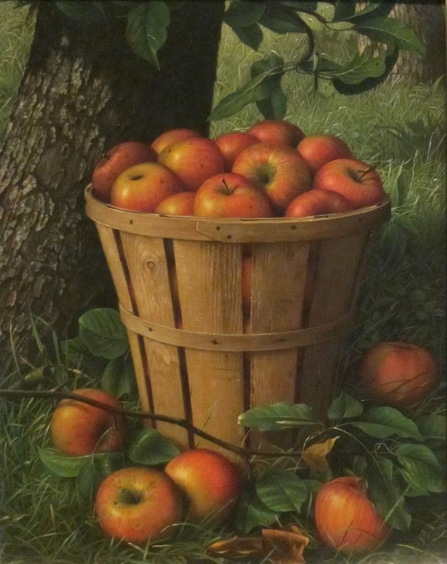 red, apple fruit, basket painting, levi wells, art, painting, oil on canvas, artistic, artistry, still life