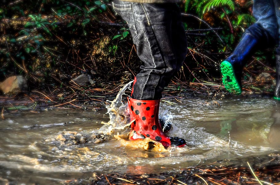 boots, shoes, rain, puddle, water, child, wet, fun, kid, wellies
