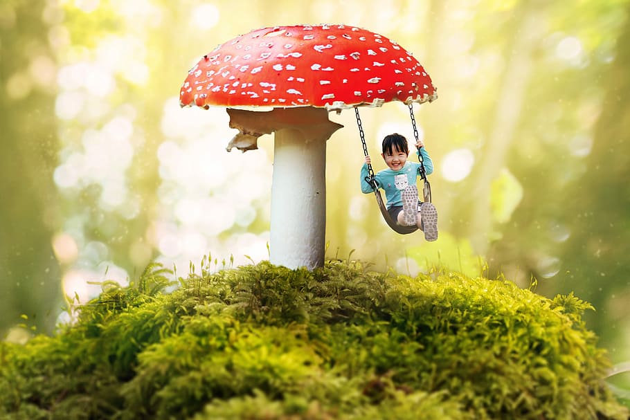 child, riding, swing mushroom, fantasy, girl, swing, mushroom, moss, bokeh, fly agaric