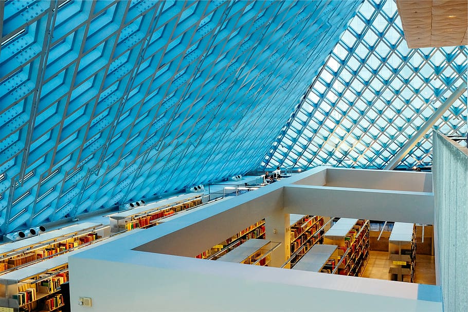 library, books, shelves, skylight, ceiling, beams, roof, building, architecture, glass