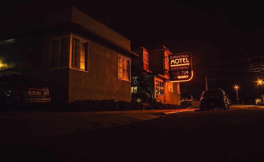 carro, ao lado, ocean park motel, noturno, sinal, rua, estrada, noite, escuro, cidade