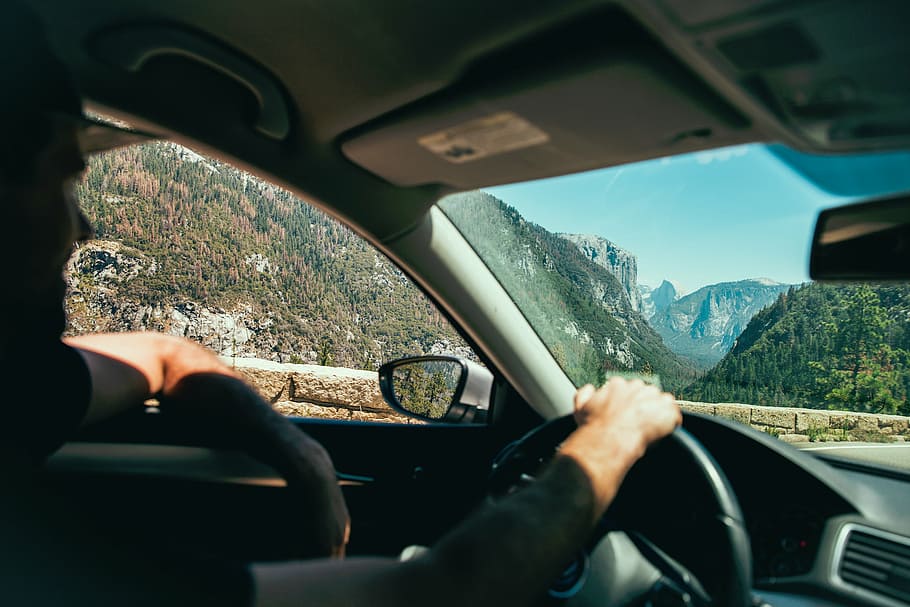 man, driving, vehicle, road, across, mountains, daytime, people, guy, driver