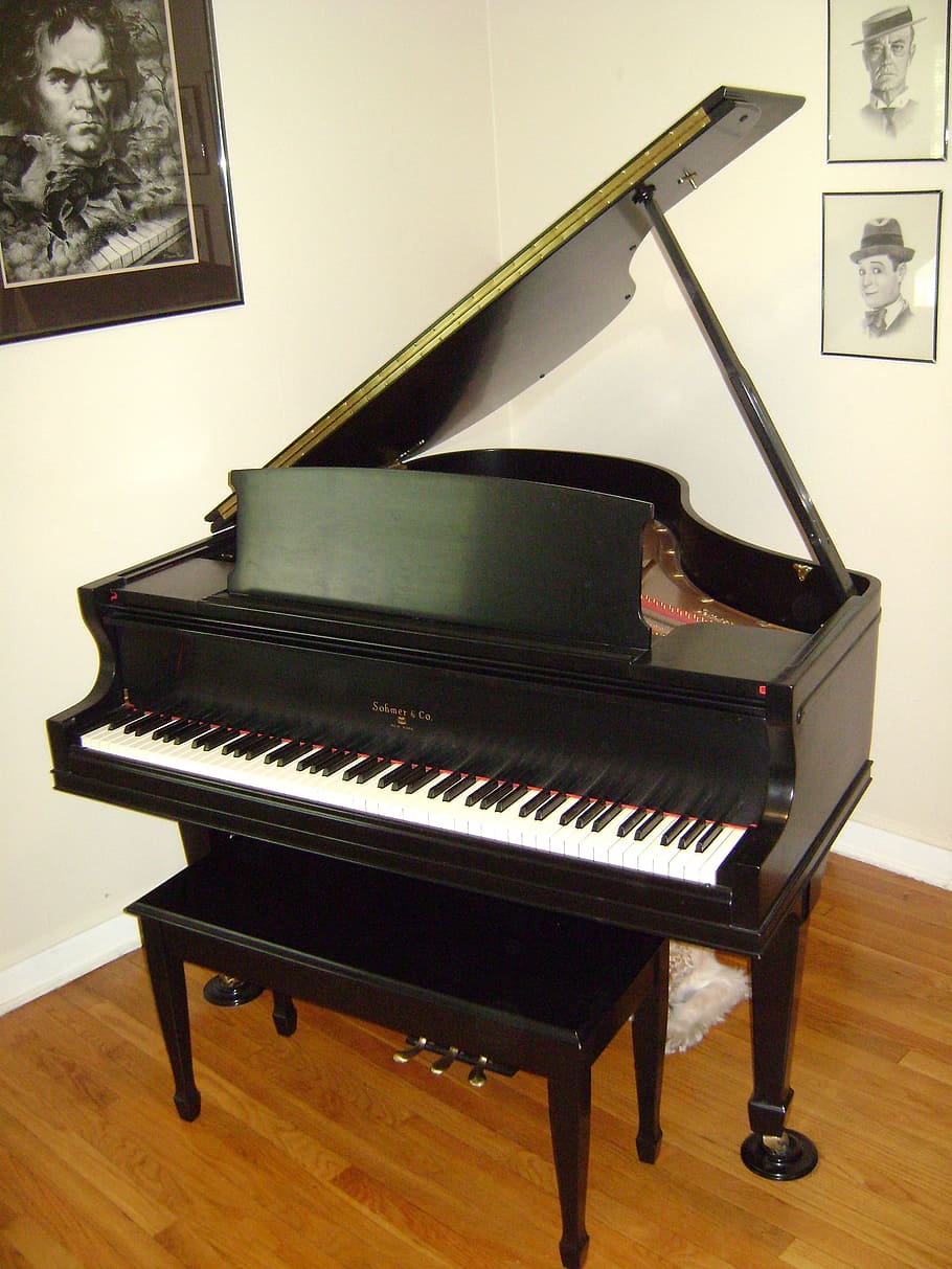 black, white, grand, piano, wall, grand piano, instrument, music