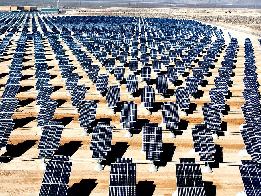 solar, panel lot, brown, field, daytime, energy, landscape, desert, mountains, photovoltaic