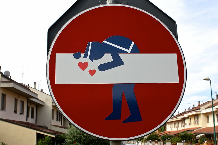 municipal police, access denied, clet abraham, streetart, art, stencil, love, hearts, draw, red