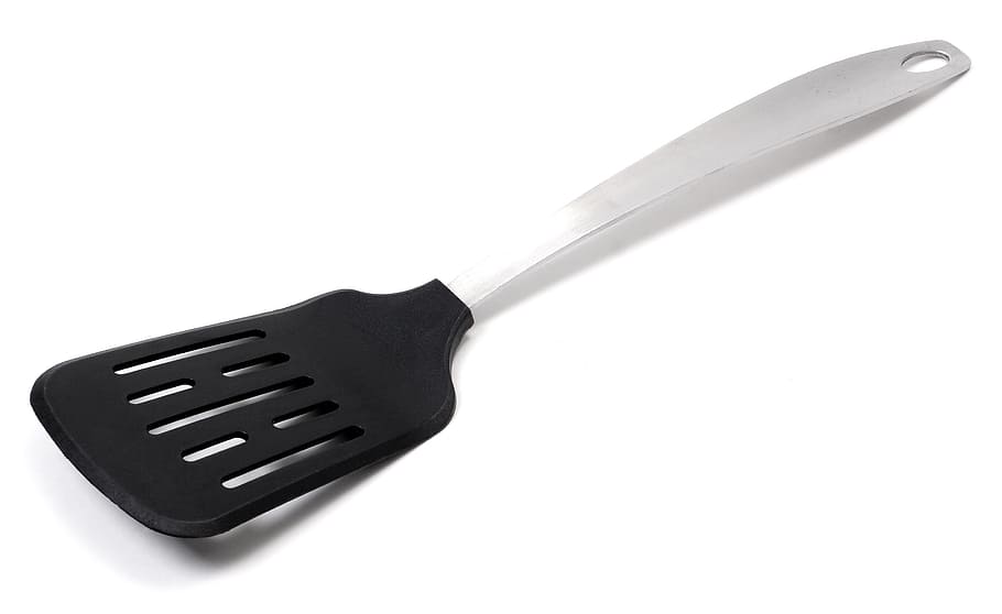 black, silver, slated, ladle, spatula, kitchen, cooking, turning over, kitchenware, tool
