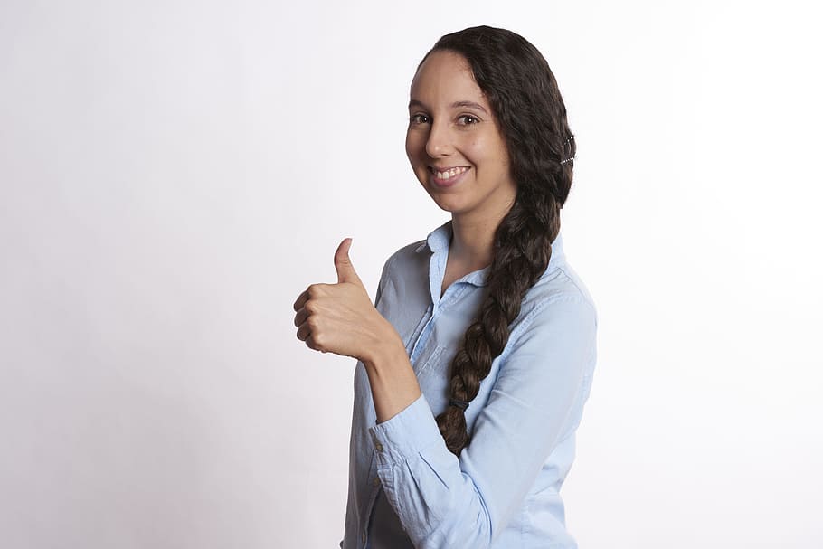 blue, dress shirt, approve, hand sign, Woman, Thumbs Up, Female, smiling, young, happy