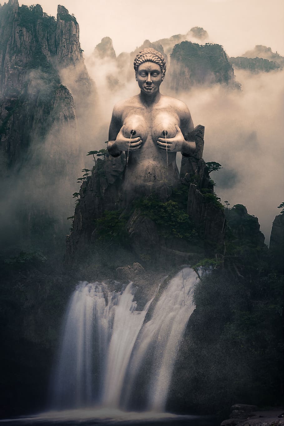diosa del agua, diosa, agua, paisaje, fantasía, paisaje de fantasía, estatua, escultura, oscuro, niebla
