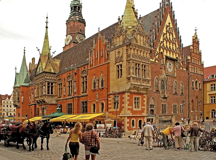 brown concrete mansion, poland, lower silesia, city, municipal, the market, the town hall, the centre of, the old town, monuments