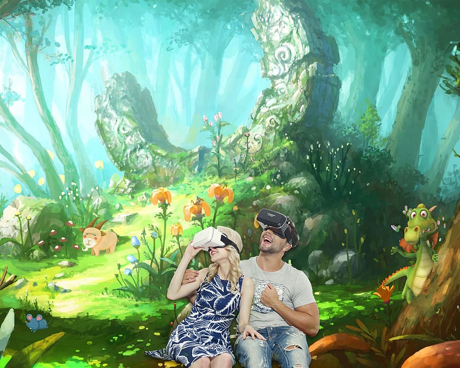 man, woman, wearing, vr goggles, poster, fantasy, cartoon, family, virtual reality, two people