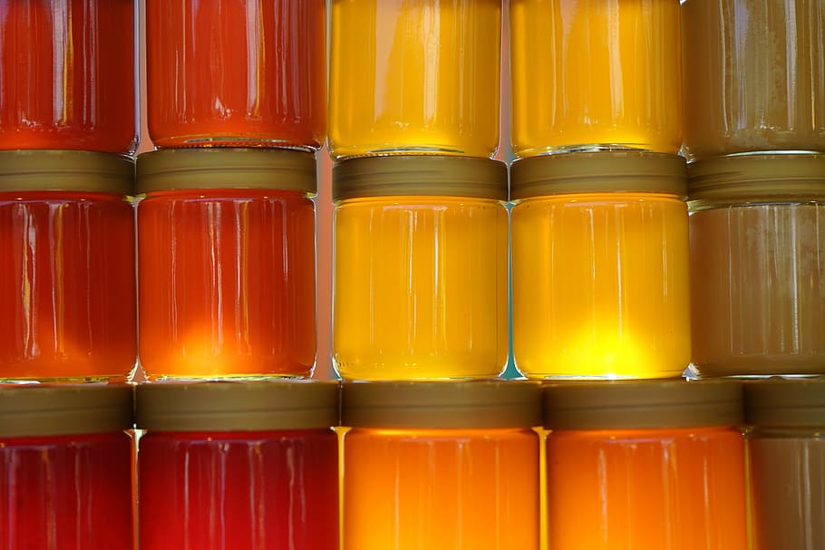 jelas, banyak toples kaca, madu, botol madu, madu hutan, madu bunga, lampu belakang, madu kuning, botol, warna-warni