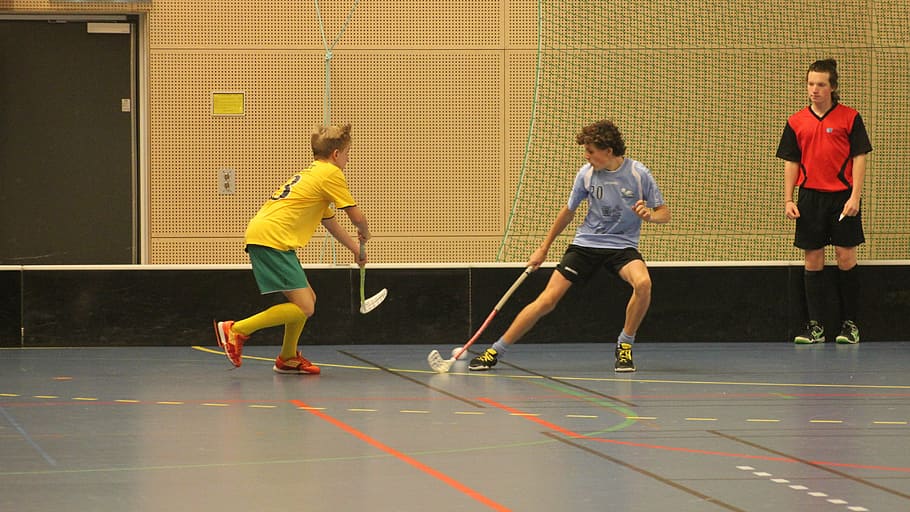 floorball, duel, match, judge, ball, clubs, movement, competition, indoors, sports