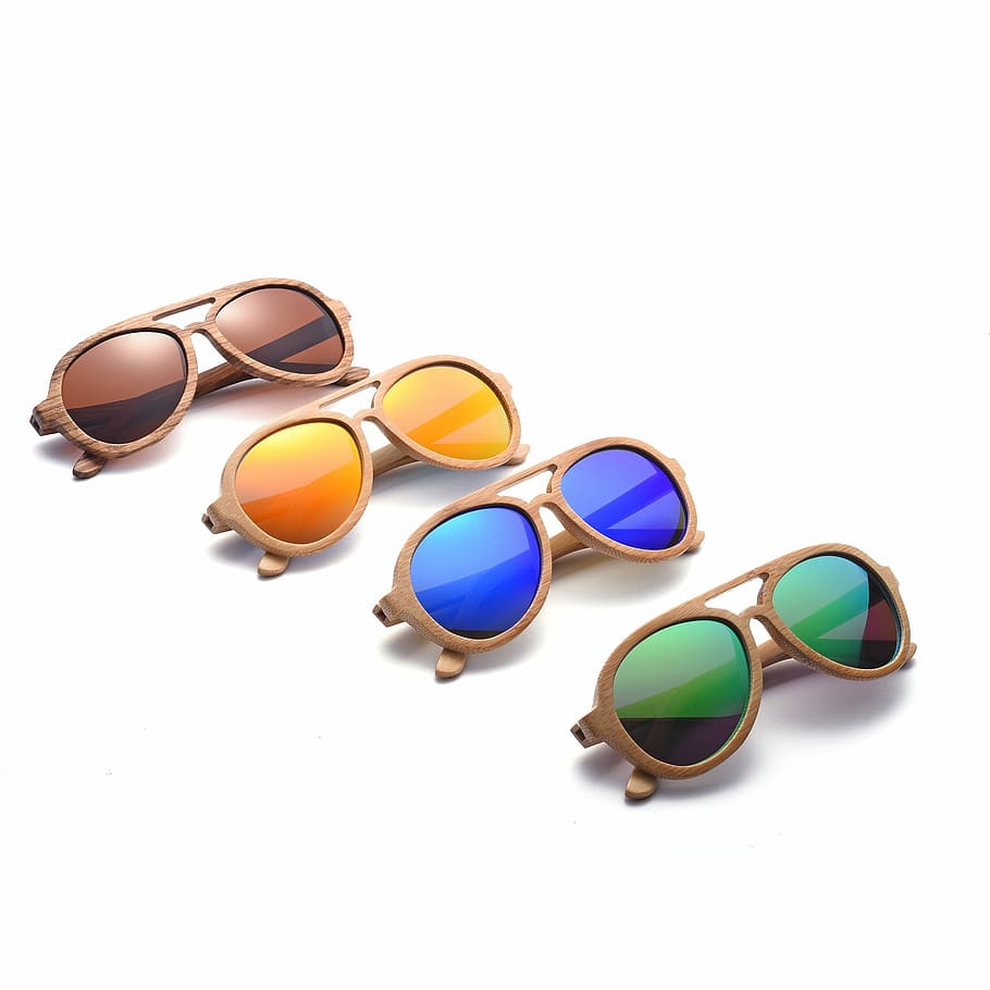 wood sunglasses, polarized, Wood, Polarized Sunglasses, floating sunglasses, aviator sunglasses, white background, eyeglasses, multi colored, close-up