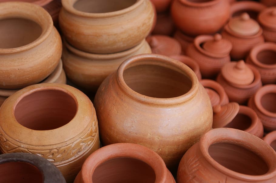 stock, brown, flowerpots, jars, claypots, clay, pots, terracotta, ceramic, culture