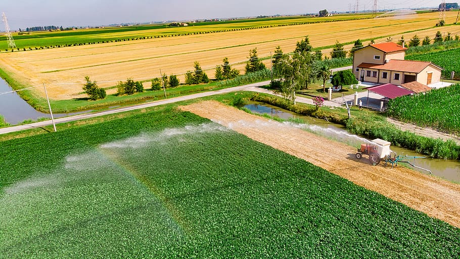 campaign, irrigation, rainbow, villa, country cottage, tractor, landscape, aerial view, drone, aerial photo