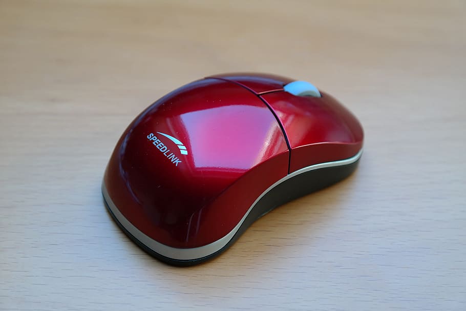 Computer Mouse, mouse, computer, input device, peripheral, hardware, red, shiny, indoors, close-up