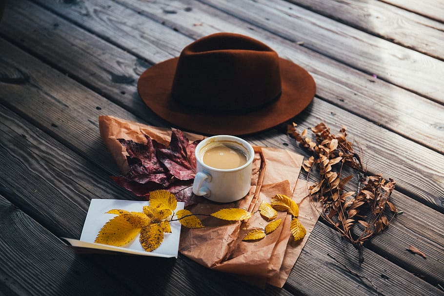 brown, cap, hat, coffee, cup, paper, leaves, fall, autumn, wood