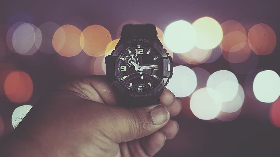 person, holding, analog, watch, time, night, light, clock, hour, deadline