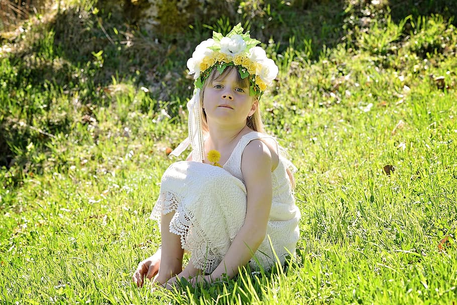 child, girl, meadow, grass, green, headdress, plant, one person, nature, green color