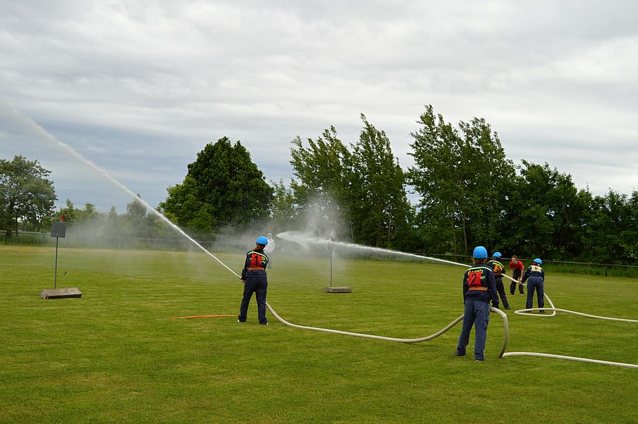 fireman, run, competition, the intervention of the, field, water, plant, full length, grass, sport