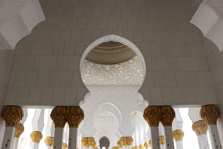 abu dhabi, great mosque, decoration, religion, doré, islam, low angle view, indoors, built structure, architecture