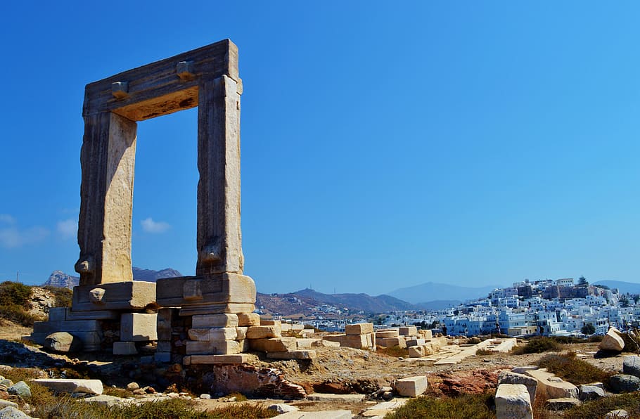 gray concrete arch, naxos, greece, cyclades, europe, architecture, landscape, travel, tourism, island