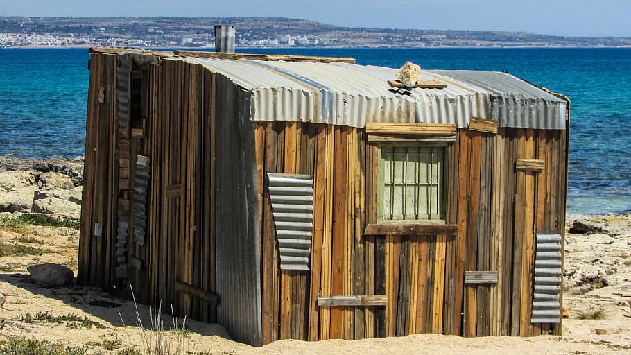 shanty, booth, hut, sea, coast, cyprus, liopetri, water, wood - material, animal themes