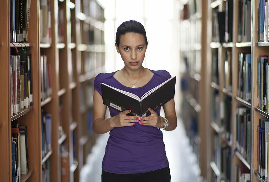woman, purple, top, holding, book, library, model, women's, exposure, young model