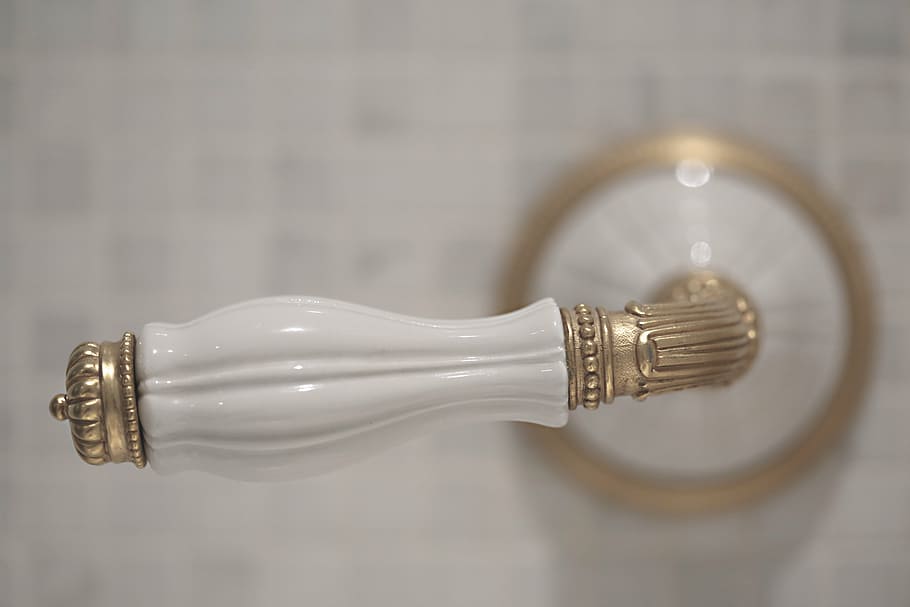 closeup, white, door lever, gold, colored, handle, porcelain, connection, close-up, indoors