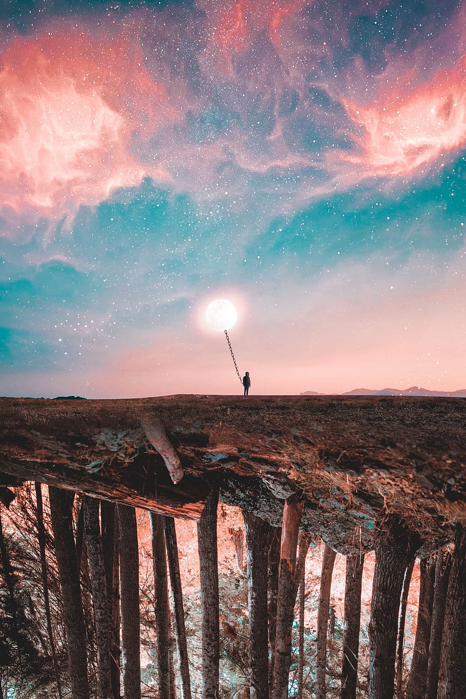 boy moon, ball, sky, cosmos, fantasy, photoshop, forest, surrealism, cloud - sky, nature