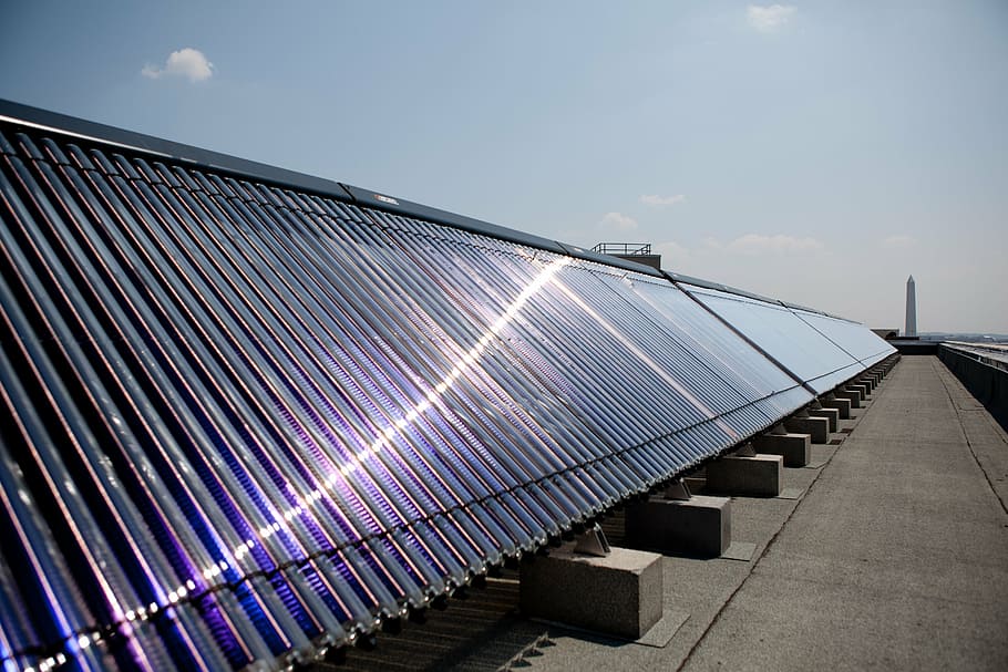 blue solar panel, water heater, solar, sun, energy, ecology, sky, renewable energy, nature, built structure