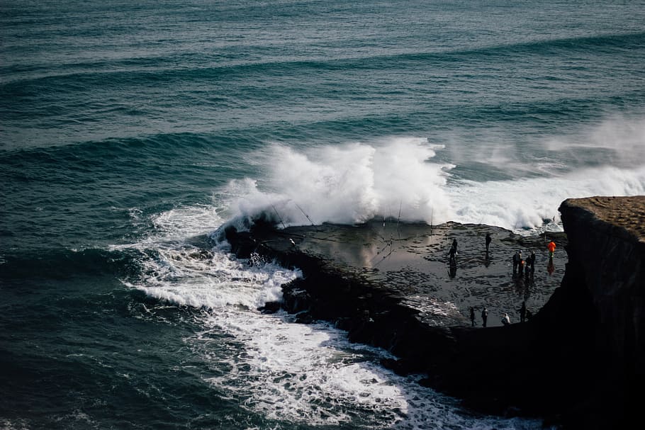 グループ, 人々, 立っている, 岩, 海の水の波, 昼間, 海, 波, 打撃, 舗装